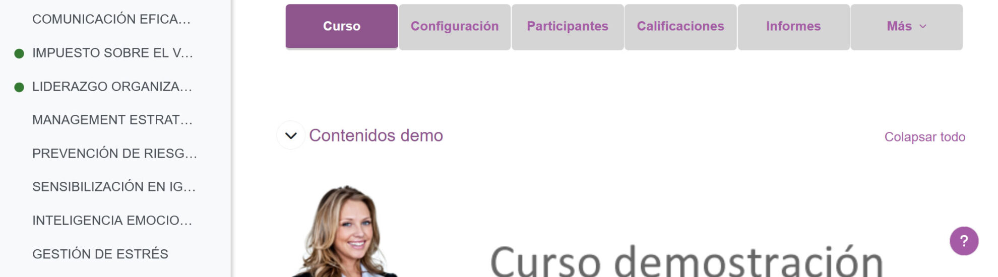Captura de pantalla de un curso demostración en Moodle dónde se observan algunas de sus funciones y elementos