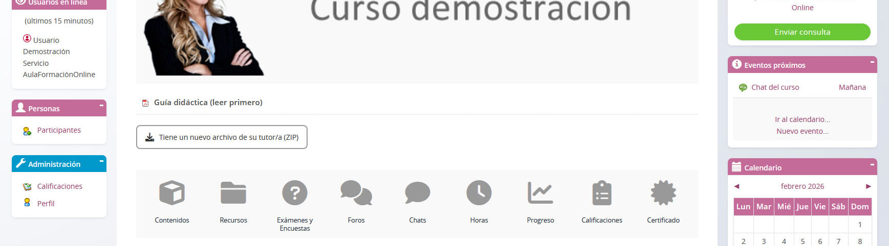Captura de pantalla de la página inicial de un curso en el campus Kontinia AFO dónde se observa su simplificación y usabilidad Captura de pantalla de la página inicial de un curso en el campus Kontinia AFO dónde se observa su simplificación y usabilidad